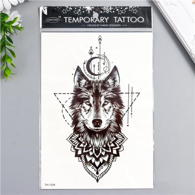 Татуировка на тело чёрная "Волк и символы" 21х15 см