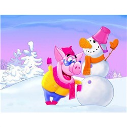 Вафельная картинка на торт Новый Год (свинка и снеговик)