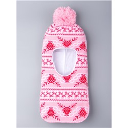 Шапка-шлем с бубоном и рисунком из снежинок, на трикотаже, розовый