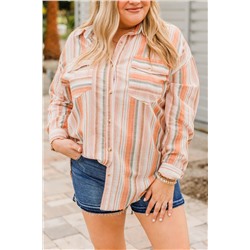 Orange Plus Size Striped Shirt with Chest Pockets