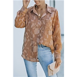 Brown Collared Neck Floral Textured Shirt