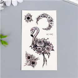 Татуировка на тело чёрная "Фламинго и цветы" 10,5х6 см