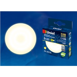 LED-GX53-6W/WW/GX53/FR PLZ01WH Лампа светодиодная, матовая. Теплый белый свет. Картон. ТМ Uniel.