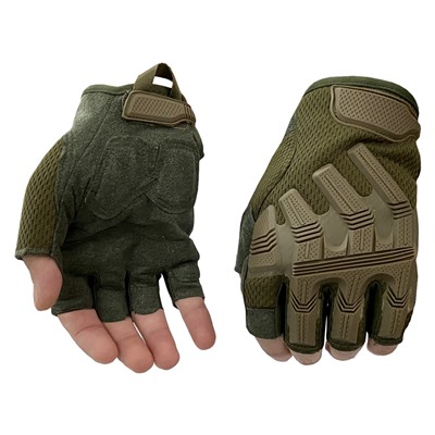 Тактические перчатки беспалые хаки-олива, (B53). На тыльной стороне ладони расположены накладки из термопластичной резины, защищающие суставы и фаланги от негативного внешнего воздействия, №7