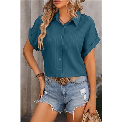 Real Teal Striped Texture Cuffed Short Sleeve Shirt