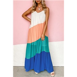 Четырехцветное свободное платье макси: белый, розовый, зеленый, синий