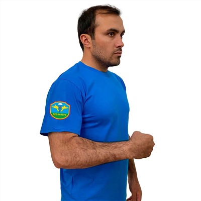 Васильковая футболка с термотрансфером "Десантура" на рукаве