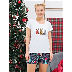 Пижама футболка с шортами ПЖ 029 (Кролики и елки)