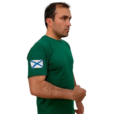 Зеленая хлопковая футболка с термотрансфером Андреевский флаг