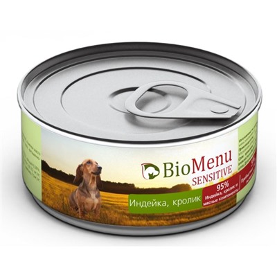 Консервы BioMenu SENSITIVE для собак индейка/Кролик 95%-мясо , 100гр