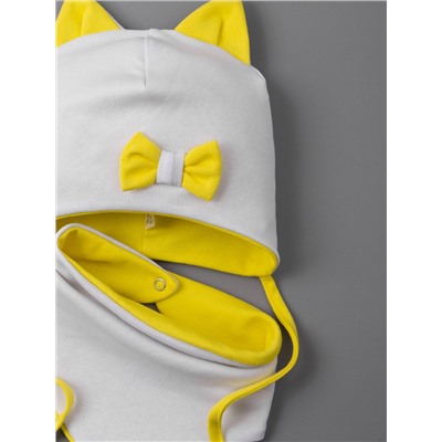 Шапка трикотажная для девочки, кошачьи ушки, на завязках, бантик + нагрудник, желтый с белым