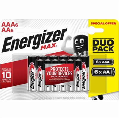 Батарейка ENERGIZER Industrial/MAX 12 шт. КОМБО УПАКОВКА (АА 1.5V/LR06 (6 шт.)+ ААА 1.5V/LR03 (6 шт.)) (Щелочной элемент питания)