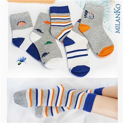Детские хлопковые носки  "Дино сине-оранжевые" MilanKo D-222 упаковка