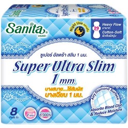 Гигиенические ночные прокладки мягкие ультратонкие супервпитывающие Super Ultra Slim, Sanita, 29 см, 8 шт., 5 капель
