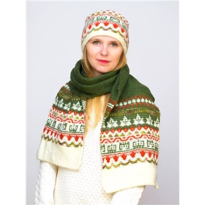 Комплект зимний женский повязка+шарф Узоры (Цвет гороховый), размер 56-58, шерсть 70%