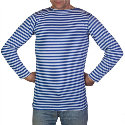Тельняшка мужская с длинным рукавом (голубая полоса), - 100% хлопок, любые размеры, лучшая цена! №512