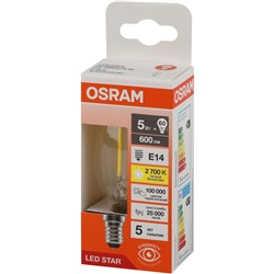 Лампа светодиодная OSRAM LSCLB60 5W/827 230VFILCL E14 FS1