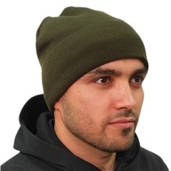 Мужская шапочка с подворотом, трикотажная цвета хаки-олива №71