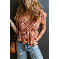 Gold Flame Floral Drawstring Ruched Smocked Peplum Blouse