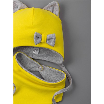 Шапка трикотажная для девочки, кошачьи ушки, на завязках, бантик + нагрудник, серый с желтым