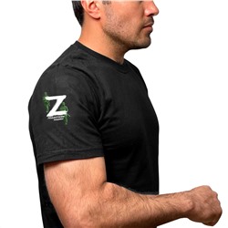 Чёрная футболка с термоаппликацией Z на рукаве, – "Поддержим наших!" (тр. №22)