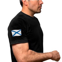 Стильная черная футболка с термотрансфером Андреевский флаг