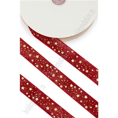 Лента бархатная 2,5 см*20 ярд "Звёздочки" с декоративным покрытием и люрексом (SF-7610) красный №43