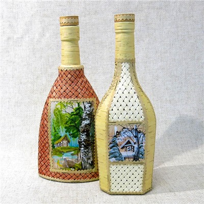 Бутылка, декорированная берестой Пейзаж, с плетением