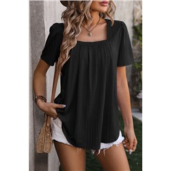 Black Chic Texture Square Neck Short Sleeve Babydoll Top