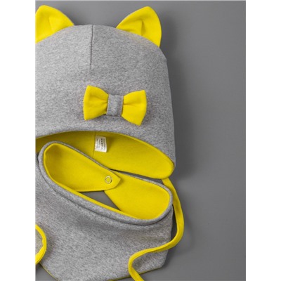 Шапка трикотажная для девочки, кошачьи ушки, на завязках, бантик + нагрудник, желтый с серым