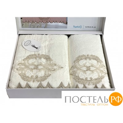 Набор полотенец Карвен "DAMASK"гипюр с кружевом,бамбук 50*90/70*140 HS1716 v2 krem/кремовый