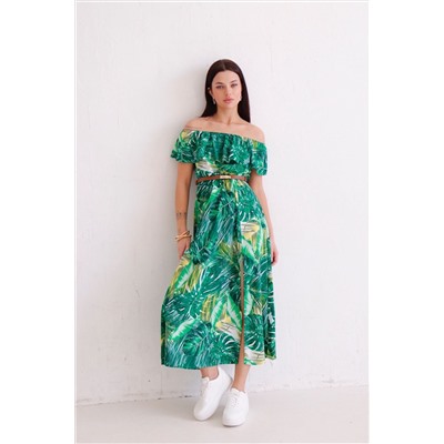 12329 Платье-кармен с тропическим принтом зелёное