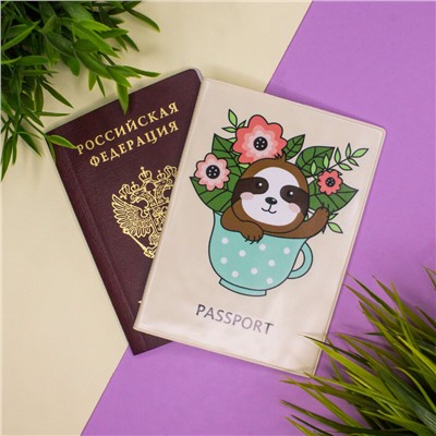 ОБЛОЖКА ДЛЯ ПАСПОРТА "Sloth with flowers", плотность 600 мкм