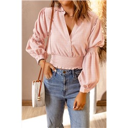 Pink Bubble Sleeve Smocked Crop Top