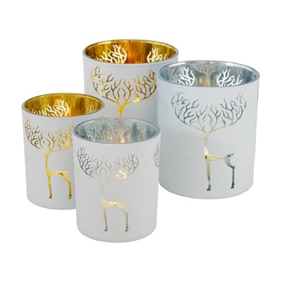 Стеклянные подсвечники под чайные свечи ЛЕНЗА - ОЛЕНИ, белые с золотым, набор - 2 шт., Boltze