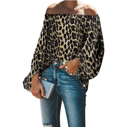 Коричнево-леопардовая блузка с пышными рукавами и резинкой на плечах