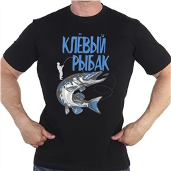 Черная футболка с принтом «Клёвый рыбак» №1004