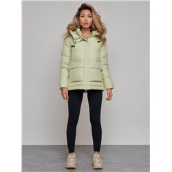 Зимняя женская куртка модная с капюшоном салатового цвета 52303Sl