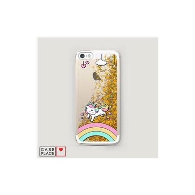 Жидкий чехол с блестками Единорог на радуге на iPhone 5/5S/SE