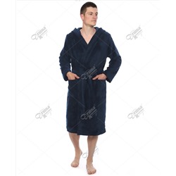 Синий махровый велюровый мужской халат капюшоном
