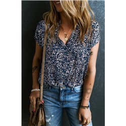 Blue Abstract Print Buttoned V Neck Short Sleeve Blouse