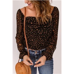 Black Wild Moss Spots Ruched Sheer Long Sleeve Top