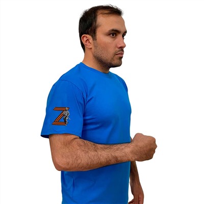 Голубая мужская футболка с литерой Z, - Георгиевская лента и боец (тр. №35)