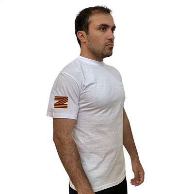 Мужская белая футболка Z на рукаве, с георгиевским термотрансфером (тр. 66)