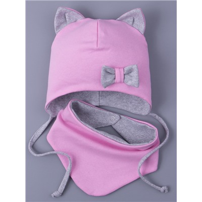 Шапка трикотажная для девочки, кошачьи ушки, на завязках, бантик + нагрудник, серый с розовым