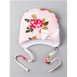 Шапка трикотажная для девочки на завязках, бантик, цветы, светло-розовый