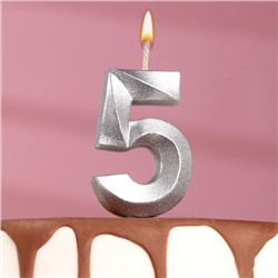 Свеча в торт "Грань", цифра "5", серебряный металлик, 6,5 см