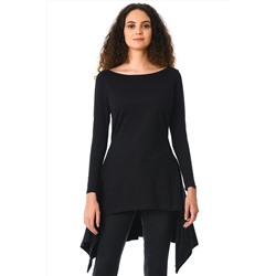 Черная приталенная блуза-туника с асимметричным подолом