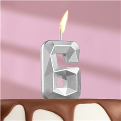 Свеча в торт на шпажке «Алмаз», цифра "6", серебряная, 4,5 см