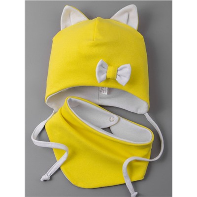 Шапка трикотажная для девочки, кошачьи ушки, на завязках, бантик + нагрудник, белый с желтым